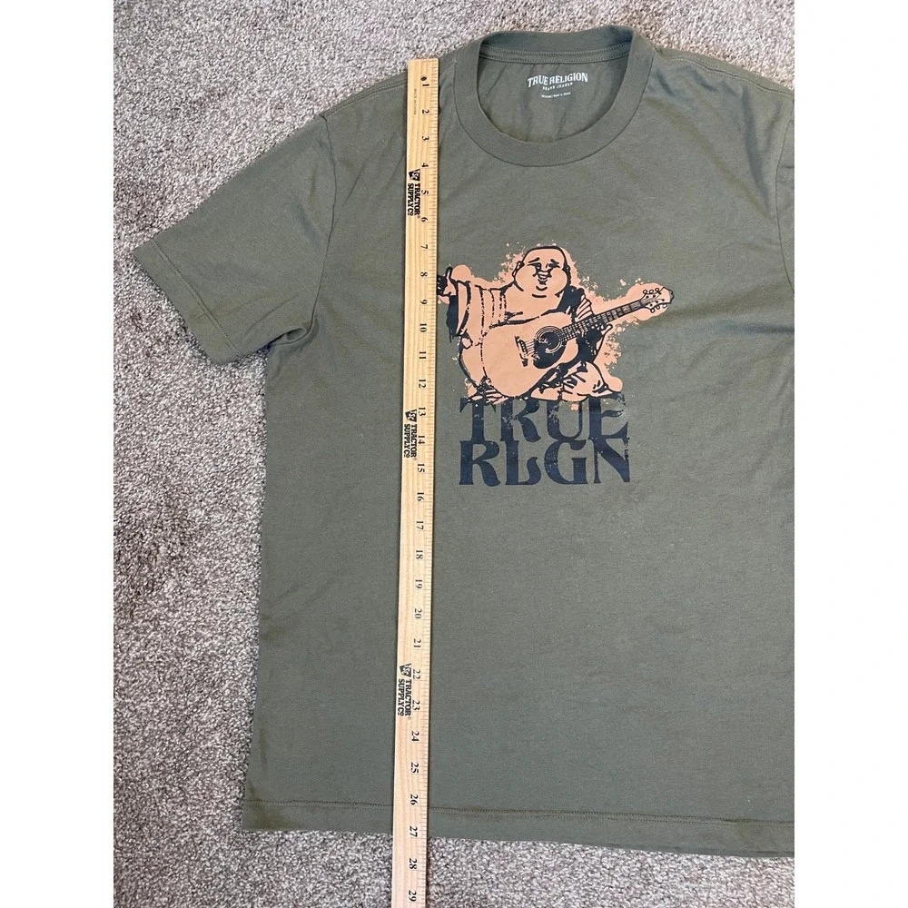 True Religion Mens Olive Green Buddha Guitar Graphic T-Shirt Medium Short Sleeve